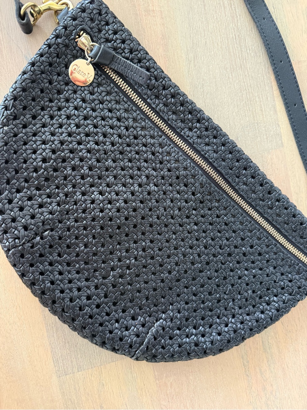 Clare V. Grande Woven Black Crossbody Sling Bag with Gold Hardware - Picture 3 of 4